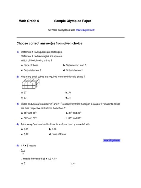 Math Olympiad Class 6 Sample Paper | PDF | Teaching Mathematics