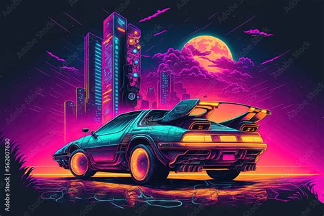 On an 80s inspired neon cyberpunk background, a futuristic sports ...