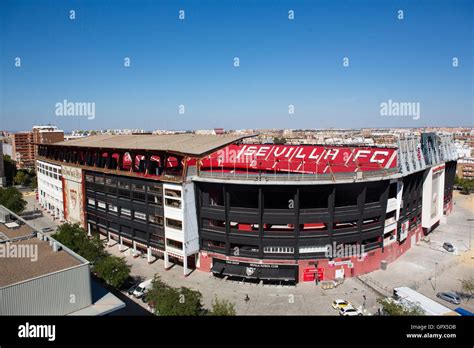 Street scene in Seville Spain showing the Sevilla FC football stadium ...