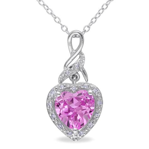 Sterling Silver 2.25 CTTW Created Pink Sapphire and 0.06 CTTW Diamond ...