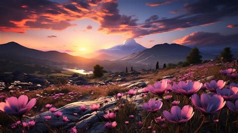 Premium AI Image | Beautiful flower meadow at sunset