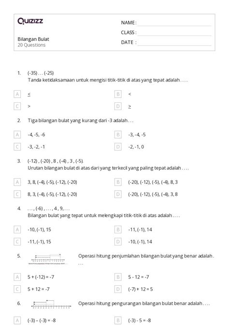 50+ lembar kerja Operasi Dengan Bilangan Bulat untuk Kelas 6 di Quizizz ...