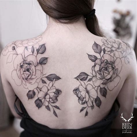 Unfinished symmetrical painted by Zihwa tattoo of various flowers and leaves - Tattooimages.biz