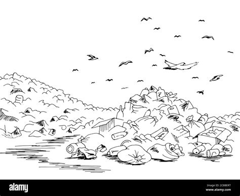 Landfill trash ecology problem graphic black landscape sketch illustration vector Stock Vector ...