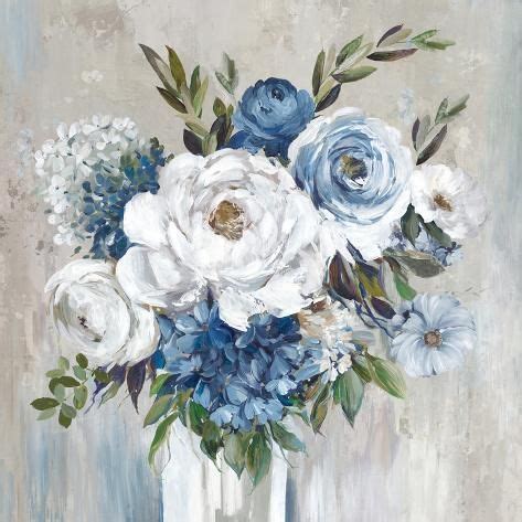 a painting of white and blue flowers in a vase