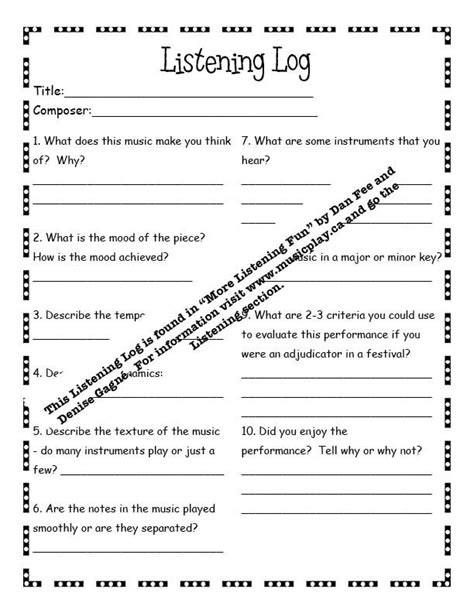 Listening Log for Music Appreciation - Worksheets Library