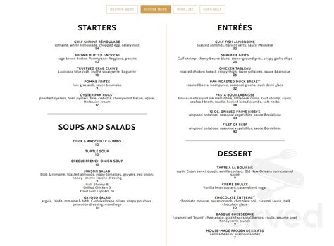 Tableau menu in New Orleans, Louisiana, USA