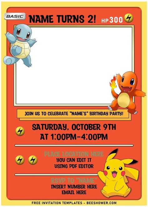 (Free Editable PDF) Lovely Pokémon Card Themed Birthday Invitation ...