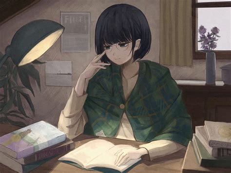 Girl, glasses, books, reading, anime, art standard 4:3 background ...