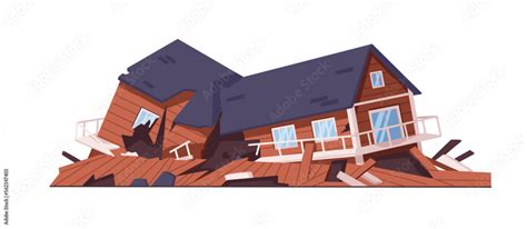 Destroyed broken house. Damaged ruined wood building, earthquake disaster consequence. Smashed ...