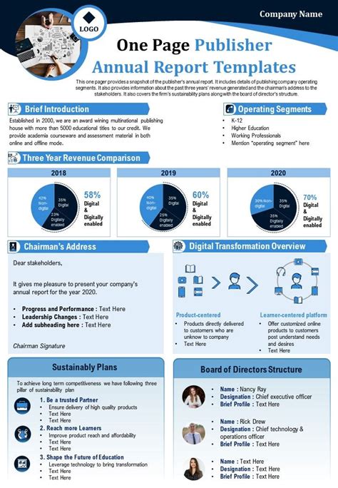 One Page Publisher Annual Report Templates Presentation Report Infographic PPT PDF Document ...