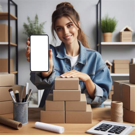 Premium Photo | Woman holding clear blank craft stack cardboard boxes and smartphone with white ...