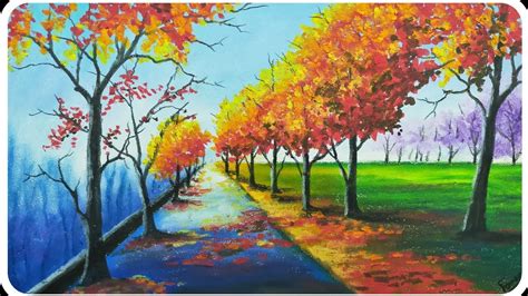 Oil pastel drawing/How to draw Autumn scenery with oil pastel/Oil pastel drawing of nature ...