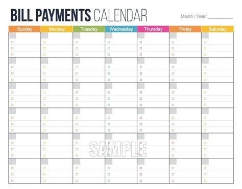 Monthly Bill Payment Calendar Template | Calendar Template Printable