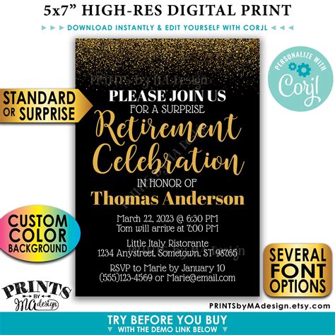 Retirement Celebration Invite, Gold Glitter, Custom PRINTABLE 5x7 Retirement Party Invitation