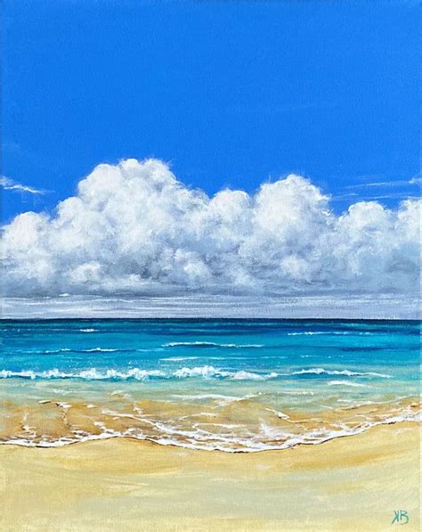 an oil painting of the ocean with clouds in the sky and sand on the beach