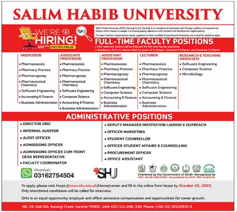 Salim Habib University SHU Karachi Jobs 2023