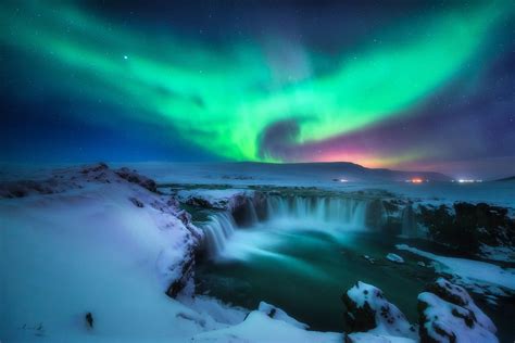 Phoenix over Godafoss - Phoenix aurora over Godafoss in -12 degree celcius night. Iceland ...