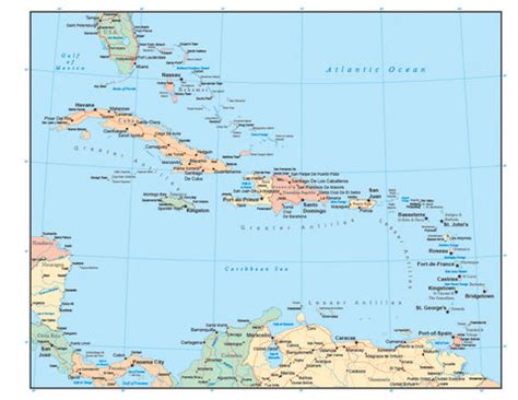 Caribbean Map with Countries, Cities, and Roads