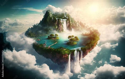 Generative AI illustration of fantasy landscape with floating island in ...