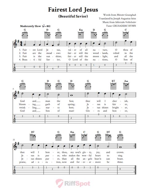 Fairest Lord Jesus: Chords, Sheet Music, and Tab for Guitar with Lyrics