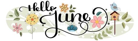 Hello June. June Month Vector Decoration with Flowers, Bird House and Leaves Stock Vector ...