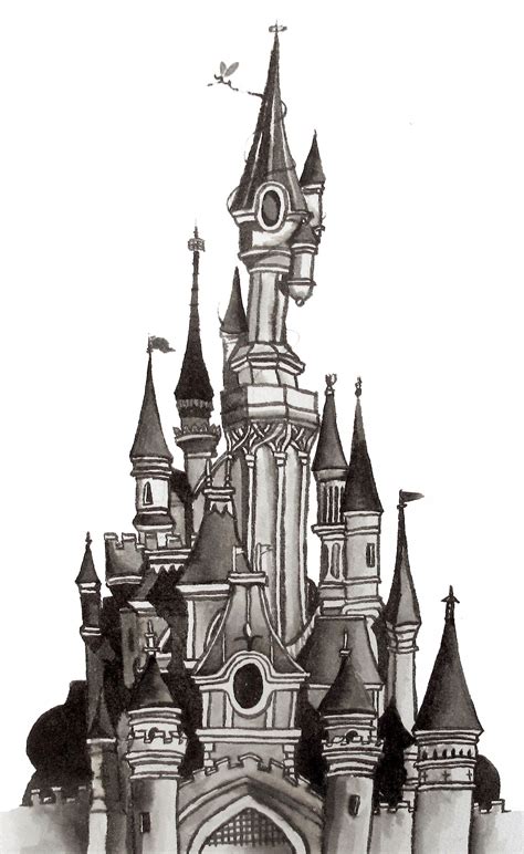 Architectural Ink drawing Illustration of the Disneyland Paris Sleeping Beauty Castle on A5 ...