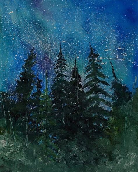 Pine tree painting Landscape Original Art Dark Night Forest Night Forest Painting Night Sky ...