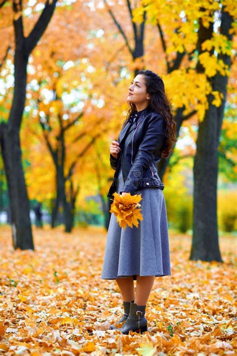 Woman Posing with Autumn Leaves in City Park, Outdoor Portrait Stock Photo - Image of girl ...