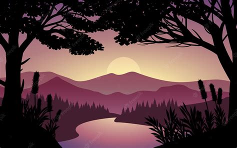 Premium Vector | Sunset in forest with tree silhouette and river