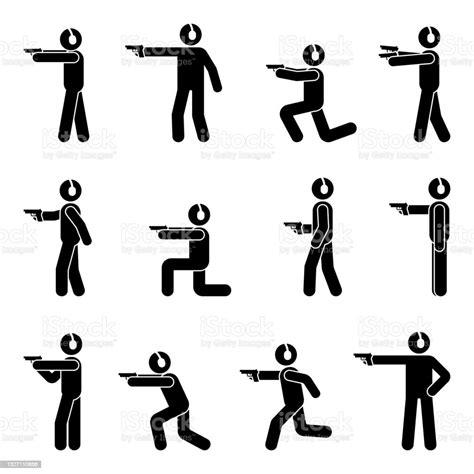 Stick Figure Shooter Man With Gun And Ear Protection Various Poses ...