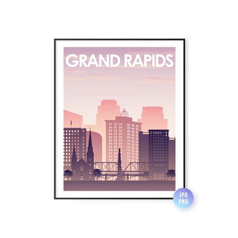 Sunset Grand Rapids City Skyline. Grand Rapids Michigan Skyline Print ...