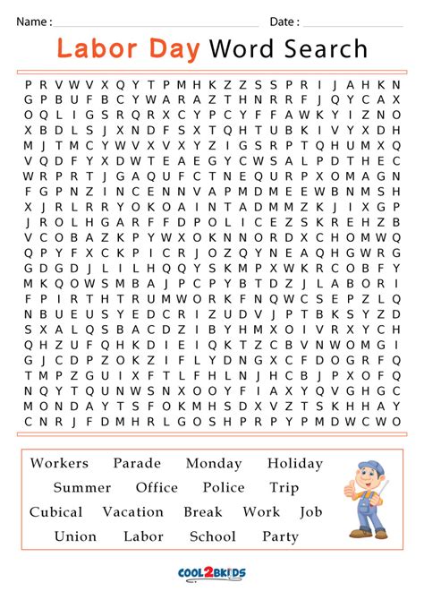 Labor Day Word Search Printable