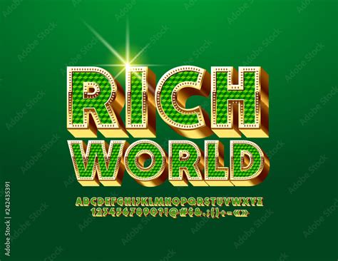 Vector chic Logo Rich World. Luxury Green and Golden Alphabet Letters, Numbers and Symbols ...