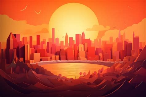 Premium Photo | A cartoon city with a sunset and a lake.