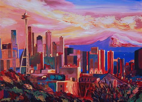 Seattle Skyline With Space Needle And Mt Rainier Painting by M Bleichner