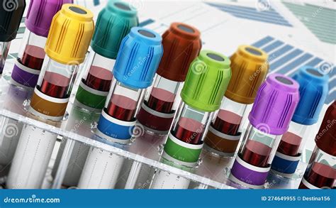 Blood Vials with Vibrant Colored Lids Standing on Medical Forms. 3D ...