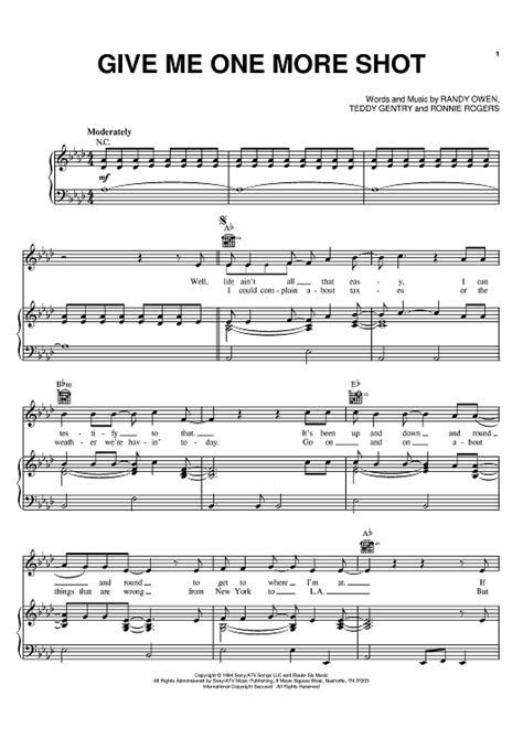 Give Me One More Shot" Sheet Music by Alabama for Piano/Vocal/Chords ...