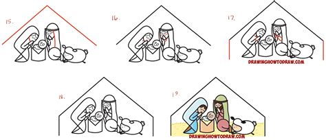 How to Draw Cartoon Nativity Scene with Mary, Jesus, and Joseph in a ...