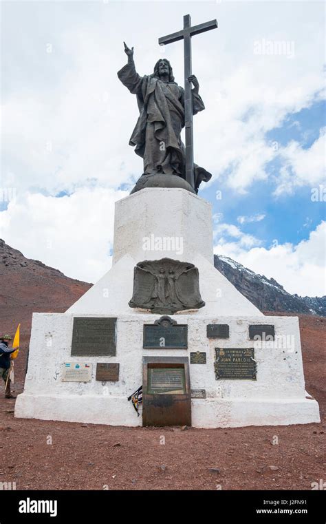 Monument of Christ the Redeemer of the Andes on a mountain pass between Mendoza and Santiago ...