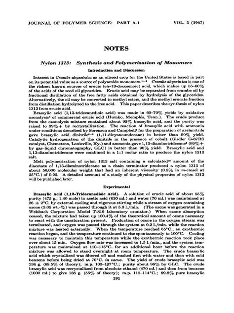 Greene 1967 - Nylon 1313 Synthesis and Polymerization of Monomers | Nylon | Distillation