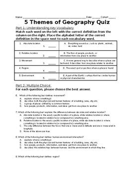 5 Themes of Geography Quiz by Meagan Pacheco | Teachers Pay Teachers