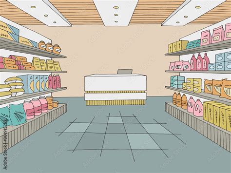 Grocery store shop interior color graphic sketch illustration vector Stock Vector | Adobe Stock