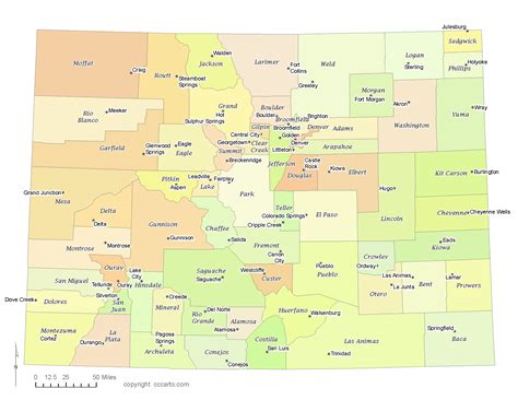 State of Colorado County Map with the County Seats - CCCarto