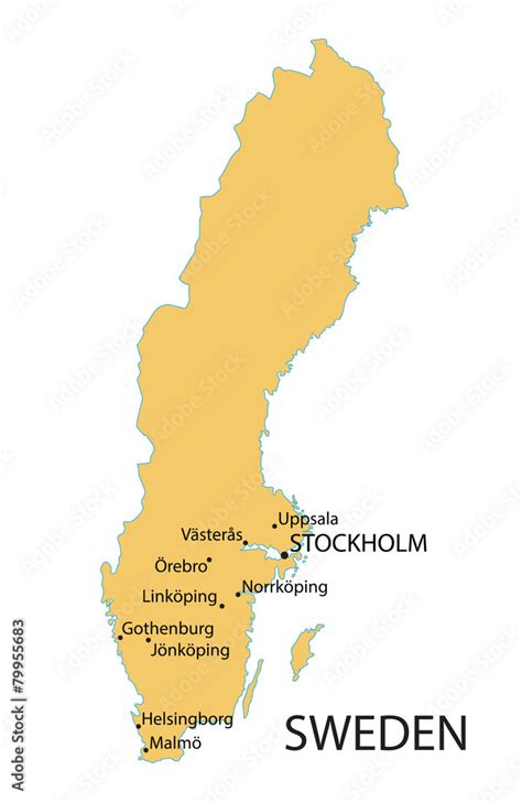 yellow map of Sweden with indication of largest cities Stock Vector | Adobe Stock