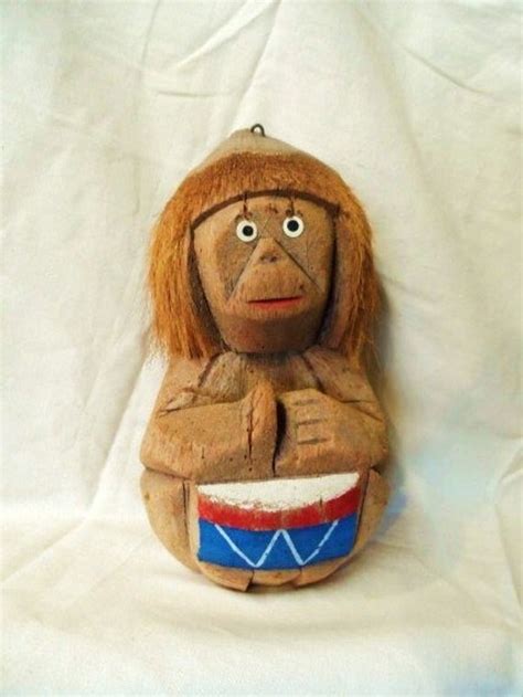 Hand Carved Coconut Monkey with Painted Drum by OrphanedTreasure