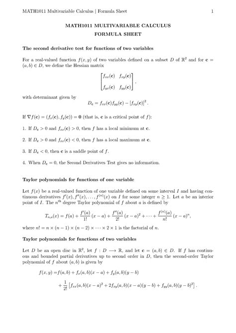 Multivariable Calculus Formula Sheet - Studocu