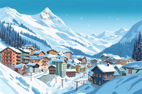 Premium AI Image | A painting of a snowy village with a mountain in the ...