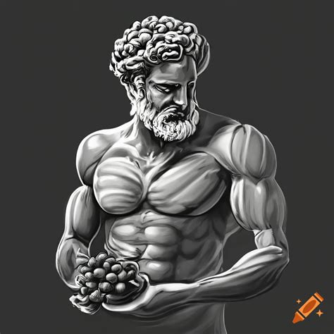 Muscular greek god holding a grape, only drawn in lines, black and withe, transparent backround ...