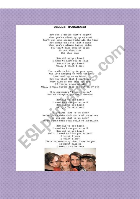 Decode - Paramore - ESL worksheet by fernandyka